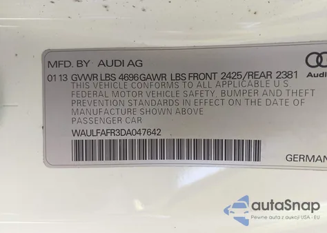 2013 Audi A5 2.0T Premium from USA, damaged, VIN WAULFAFR3DA047642